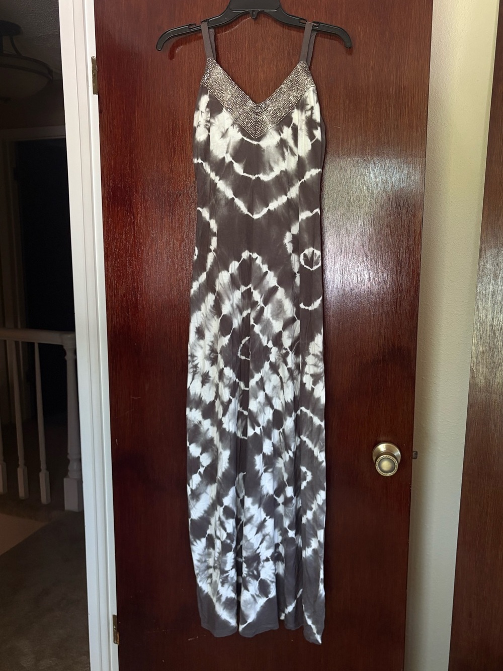 INC International Concepts Gray and White Tie-Dye Maxi Dress with Beaded V-Neck